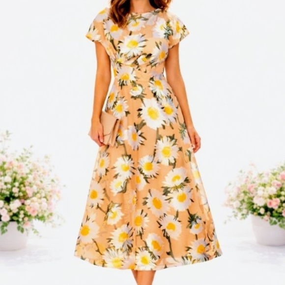 Lela Rose Sunflower Print Beige Midi Dress Boatneck Draped Bodice MSRP $1890 NWT - Picture 14 of 15